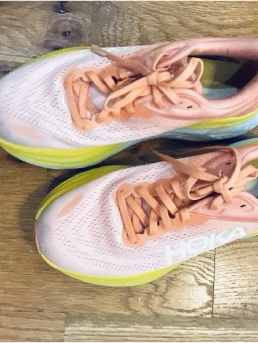 Hoka Women's Peach and Lime Running Shoes - Picture 4 of 5